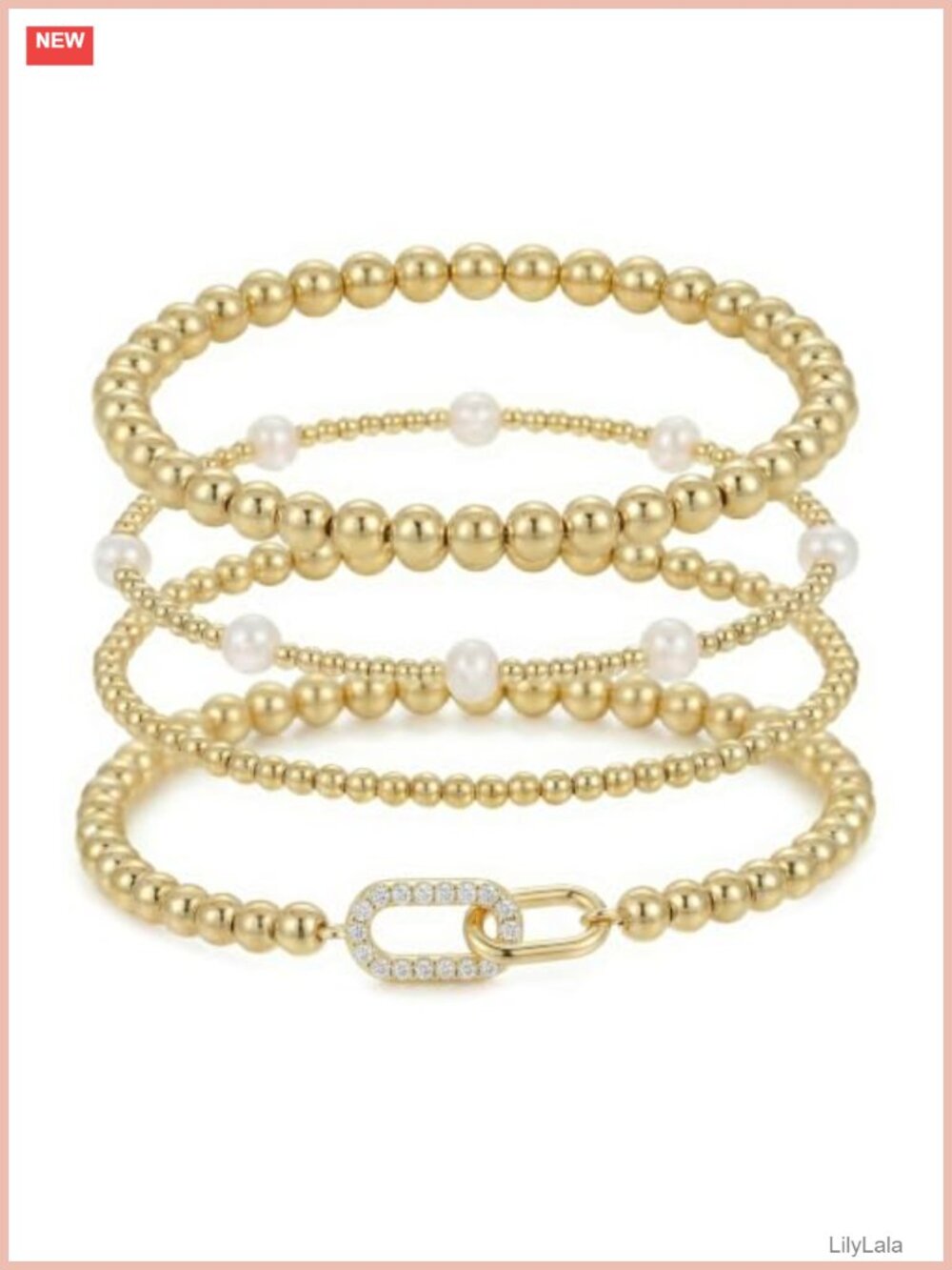 4Pc 14K Gold Plated Beaded Stretch Bracelet Set Pearl Chain Stackable